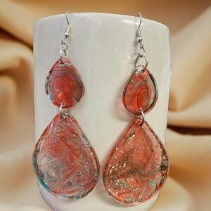 Earrings - Red and Silver Blue resin teardrop New